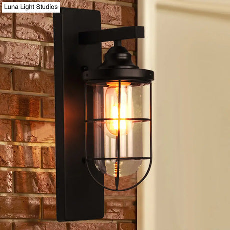 Vintage Industrial Clear Glass Sconce Wall Lamp - Black Vase/Birdcage/Oval Corridor Design