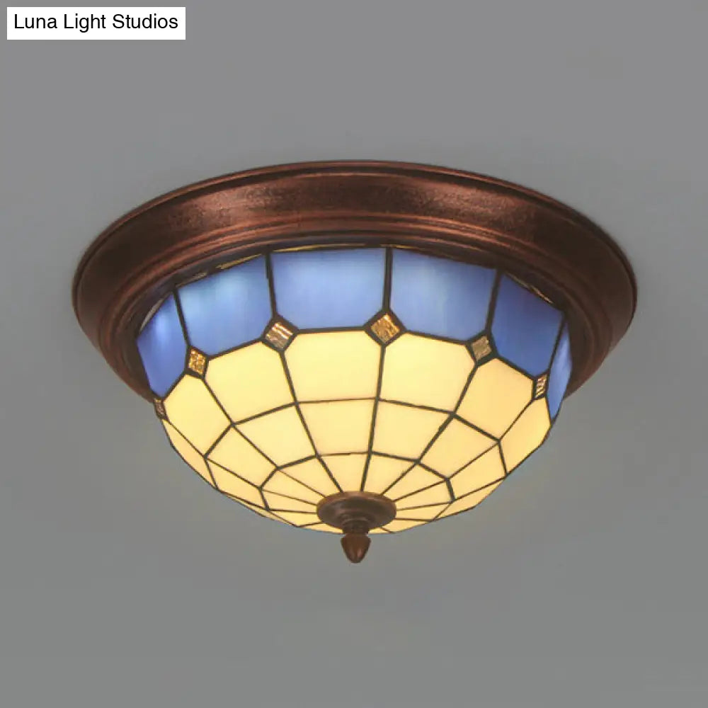 Vintage Industrial Dome Flushmount Ceiling Light With Stained Glass In White/Clear/Blue White