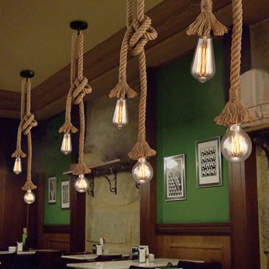 Vintage Industrial Exposed Bulb Pendant Light With Natural Rope - Perfect For Restaurants And