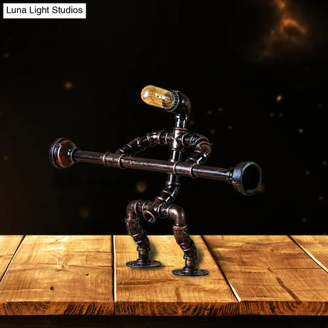 Vintage Industrial Iron Table Lamp With Bronze Weight Lifter Design And Pipe Restaurant Lighting