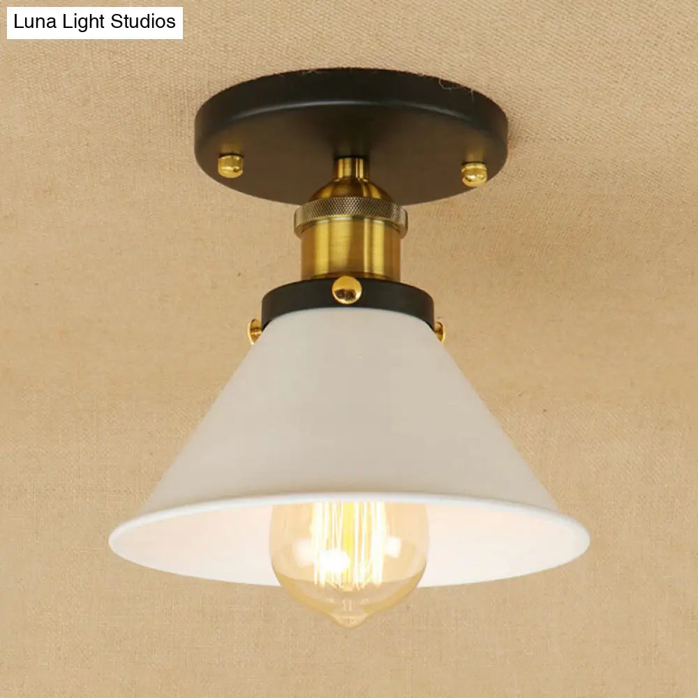 Vintage Industrial Metal Ceiling Light Fixture - Semi-Flush Mount Conic Shade White/Brass White