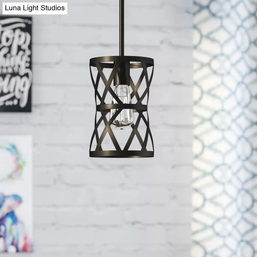 Stylish Vintage Cylinder Cage Pendant Light - Black Metal Ideal For Dining Rooms