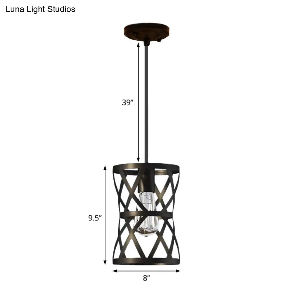 Vintage Industrial Metal Pendant Light With Stylish Black Cage Shade - Dining Room Hanging Lamp