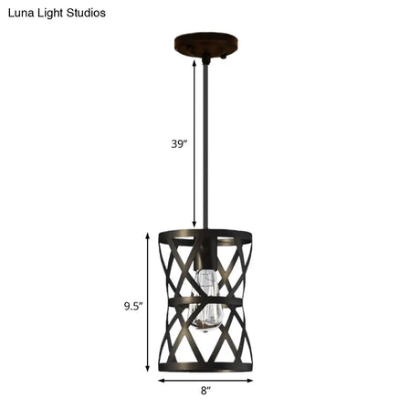 Vintage Industrial Metal Pendant Light With Stylish Black Cage Shade - Dining Room Hanging Lamp