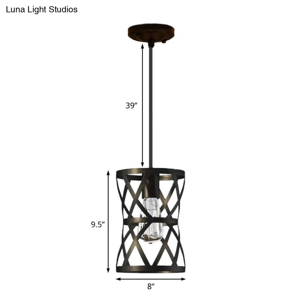 Stylish Vintage Cylinder Cage Pendant Light - Black Metal Ideal For Dining Rooms