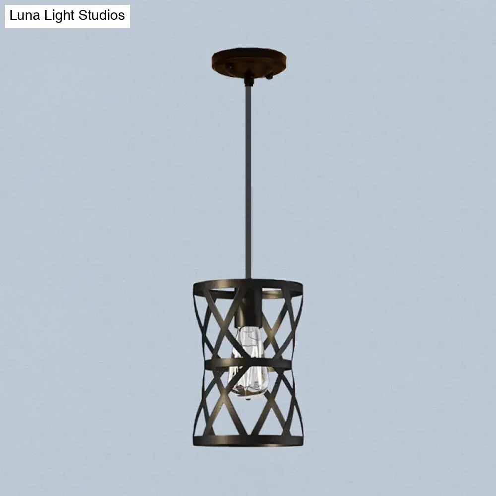 Vintage Industrial Metal Pendant Light With Stylish Black Cage Shade - Dining Room Hanging Lamp