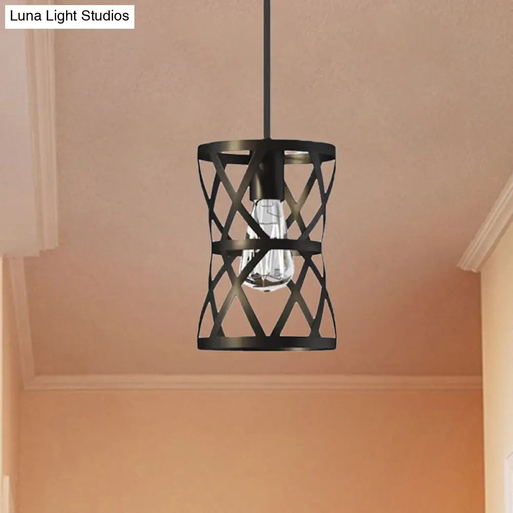 Vintage Industrial Metal Pendant Light With Stylish Black Cage Shade - Dining Room Hanging Lamp
