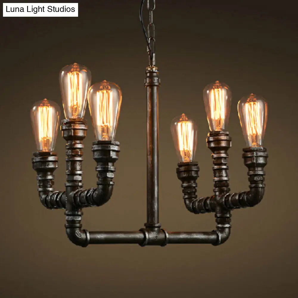 Vintage Industrial Rust Chandelier Pendant Light With 6 Open Bulbs And Pipe