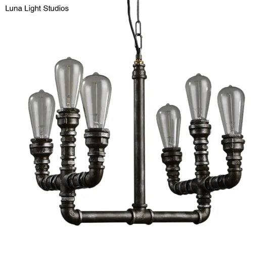 Vintage Industrial Metal Rust Chandelier Pendant Light - 6-Head Open Bulb Design With Hanging Pipe