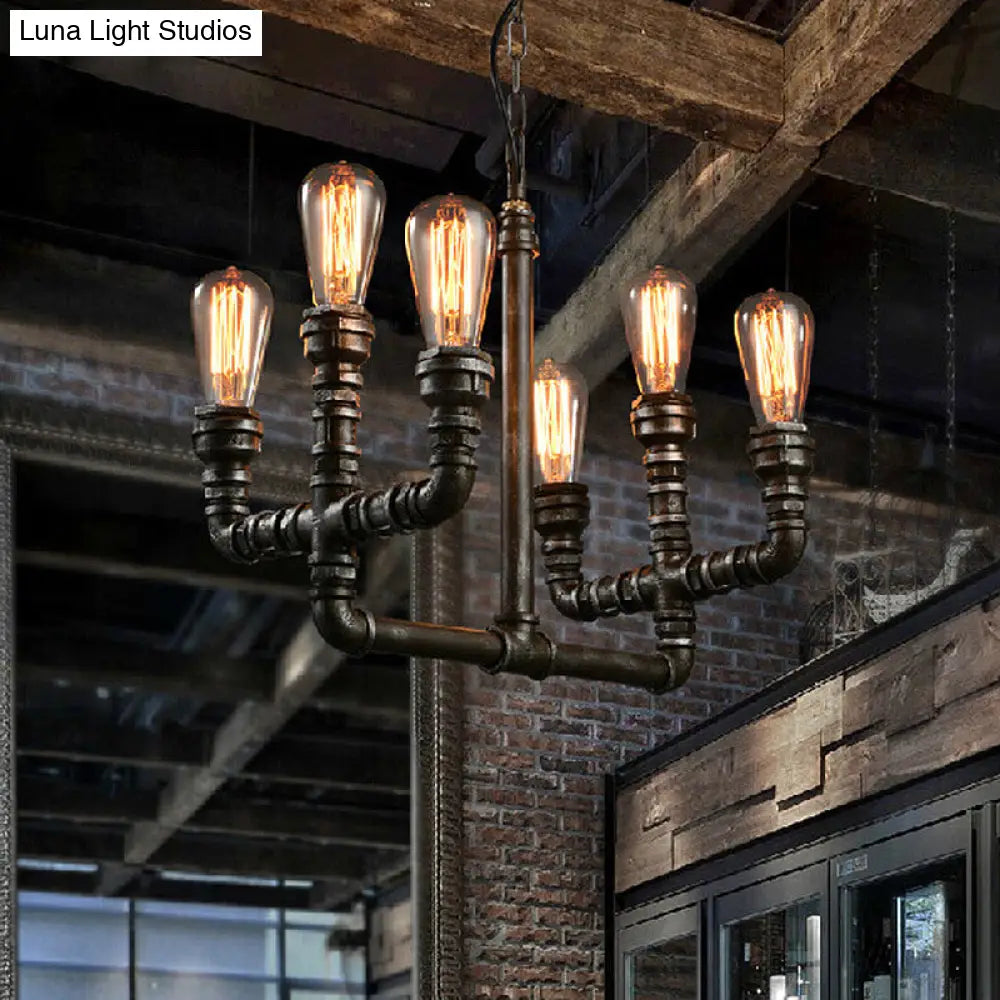 Vintage Industrial Rust Chandelier Pendant Light With 6 Open Bulbs And Pipe