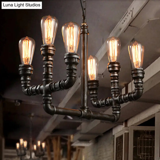 Vintage Industrial Rust Chandelier Pendant Light With 6 Open Bulbs And Pipe