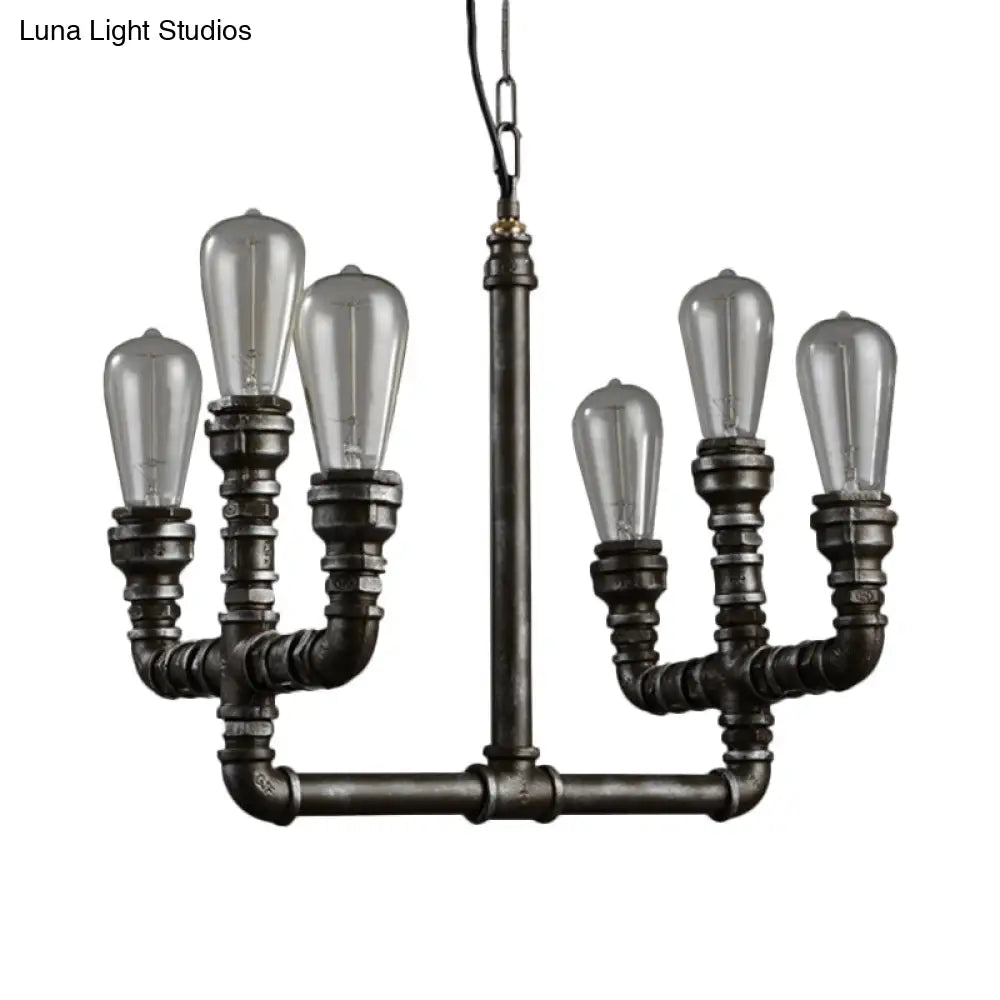 Vintage Industrial Rust Chandelier Pendant Light With 6 Open Bulbs And Pipe