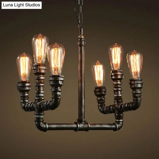 Vintage Industrial Metal Rust Chandelier Pendant Light - 6-Head Open Bulb Design With Hanging Pipe