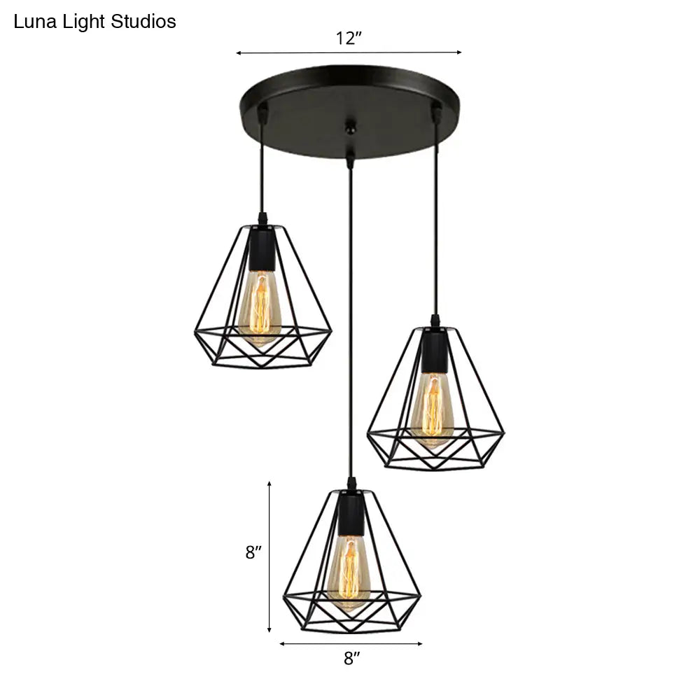 Vintage Industrial Metal Teardrop Cage Pendant Light With 3 Lights For Living Room - Black