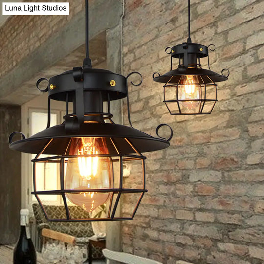 Vintage Industrial Satin Black Iron Pendant Lamp: 1-Light Dome Cage Shade Ideal For Restaurants