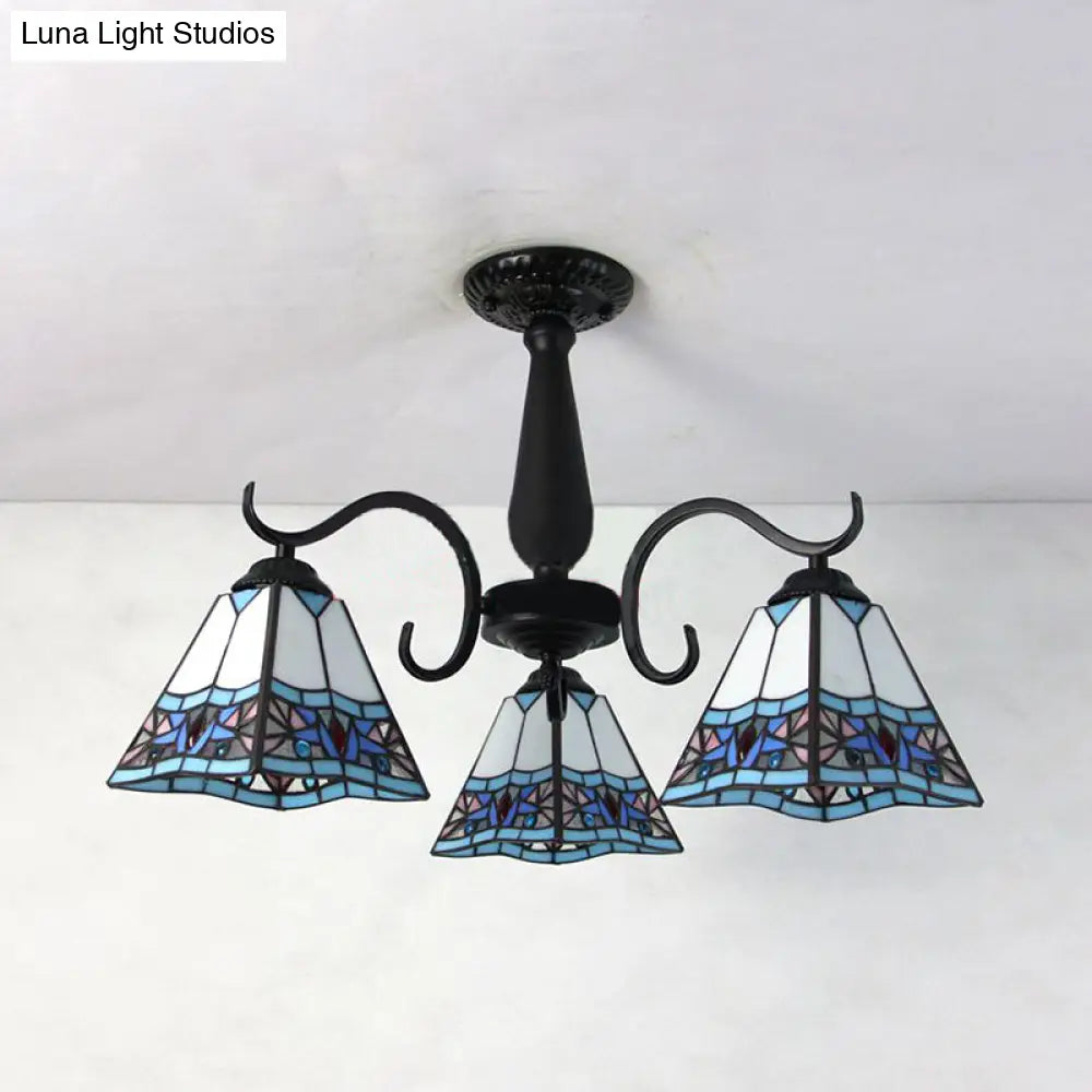 Vintage Industrial Stained Glass Semi Flush Mount Ceiling Light With 3 Rhombus/Magnolia Patterns In