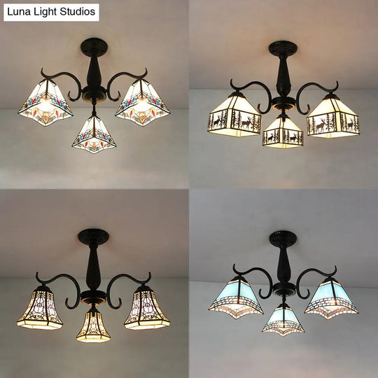 Vintage Industrial Stained Glass Semi Flush Mount Ceiling Light With 3 Rhombus/Magnolia Patterns In