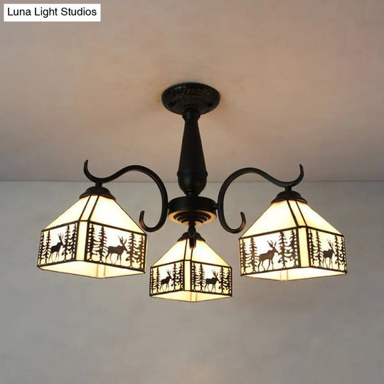 Vintage Industrial Stained Glass Semi Flush Mount Ceiling Light With 3 Rhombus/Magnolia Patterns In