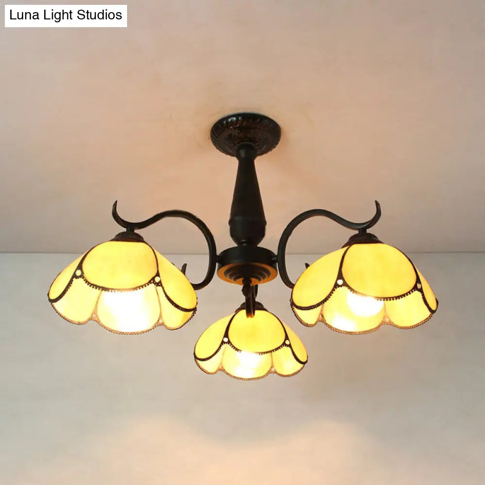 Vintage Industrial Stained Glass Semi Flush Mount Ceiling Light With 3 Rhombus/Magnolia Patterns In