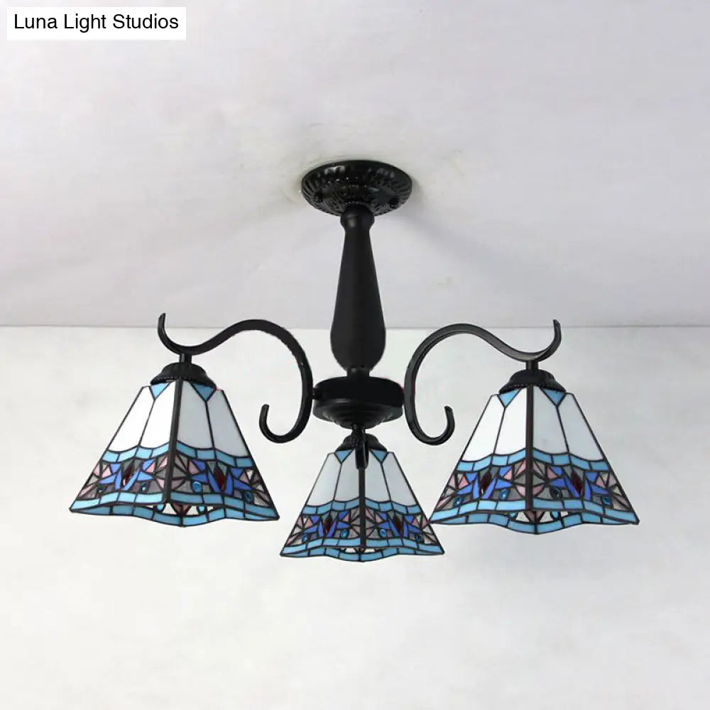 Vintage Industrial Stained Glass Semi Flush Mount Ceiling Light With 3 Rhombus/Magnolia Patterns In