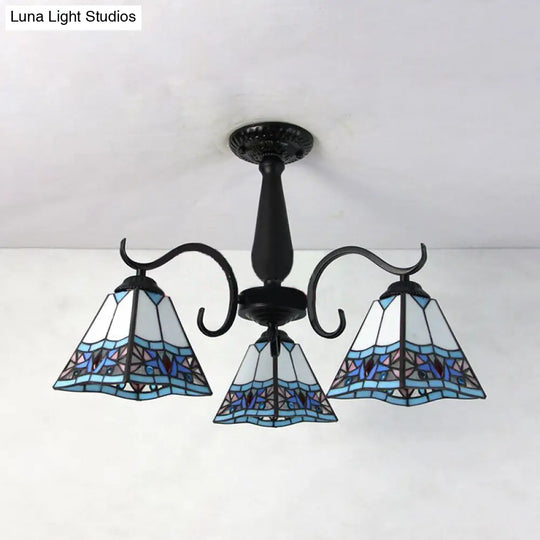 Vintage Industrial Stained Glass Semi Flush Mount Ceiling Light With 3 Rhombus/Magnolia Patterns In