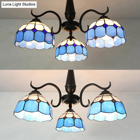Vintage Industrial Stained Glass Semi Flush Mount Ceiling Light With 3 Rhombus/Magnolia Patterns In