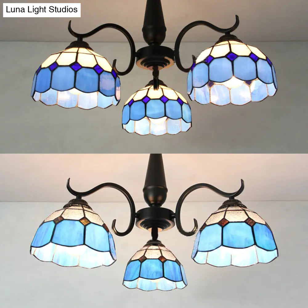 Vintage Industrial Stained Glass Semi Flush Mount Ceiling Light With 3 Rhombus/Magnolia Patterns In
