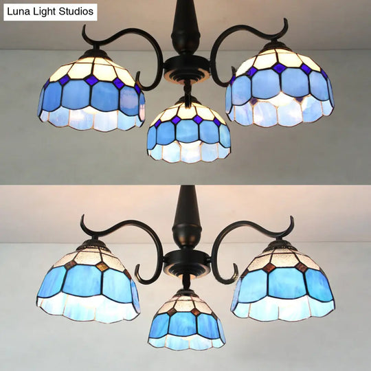 Vintage Industrial Stained Glass Semi Flush Mount Ceiling Light With 3 Rhombus/Magnolia Patterns In