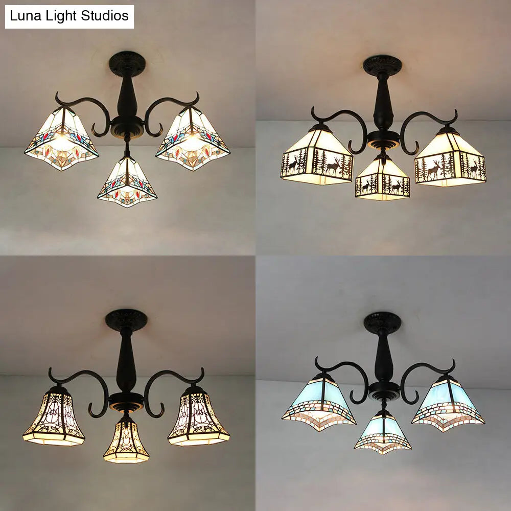 Vintage Industrial Stained Glass Semi Flush Mount Ceiling Light With 3 Rhombus/Magnolia Patterns In