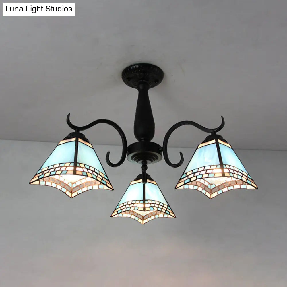 Vintage Industrial Stained Glass Semi Flush Mount Ceiling Light With 3 Rhombus/Magnolia Patterns In