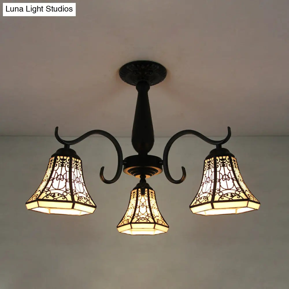 Vintage Industrial Stained Glass Semi Flush Mount Ceiling Light With 3 Rhombus/Magnolia Patterns In