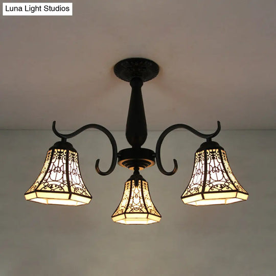 Vintage Industrial Stained Glass Semi Flush Mount Ceiling Light With 3 Rhombus/Magnolia Patterns In