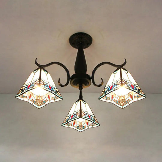 Vintage Industrial Stained Glass Semi Flush Mount Ceiling Light With 3 Rhombus/Magnolia Patterns In