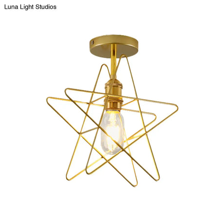 Vintage Industrial Star Cage Semi Flush Light: Black/Gold Metallic Mount For Corridor