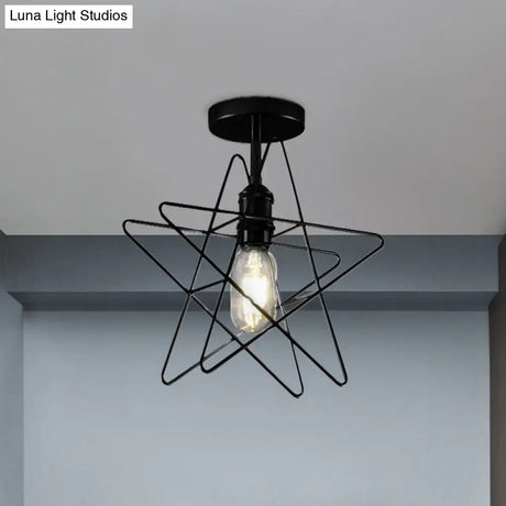 Vintage Industrial Star Cage Semi Flush Light: Black/Gold Metallic Mount For Corridor