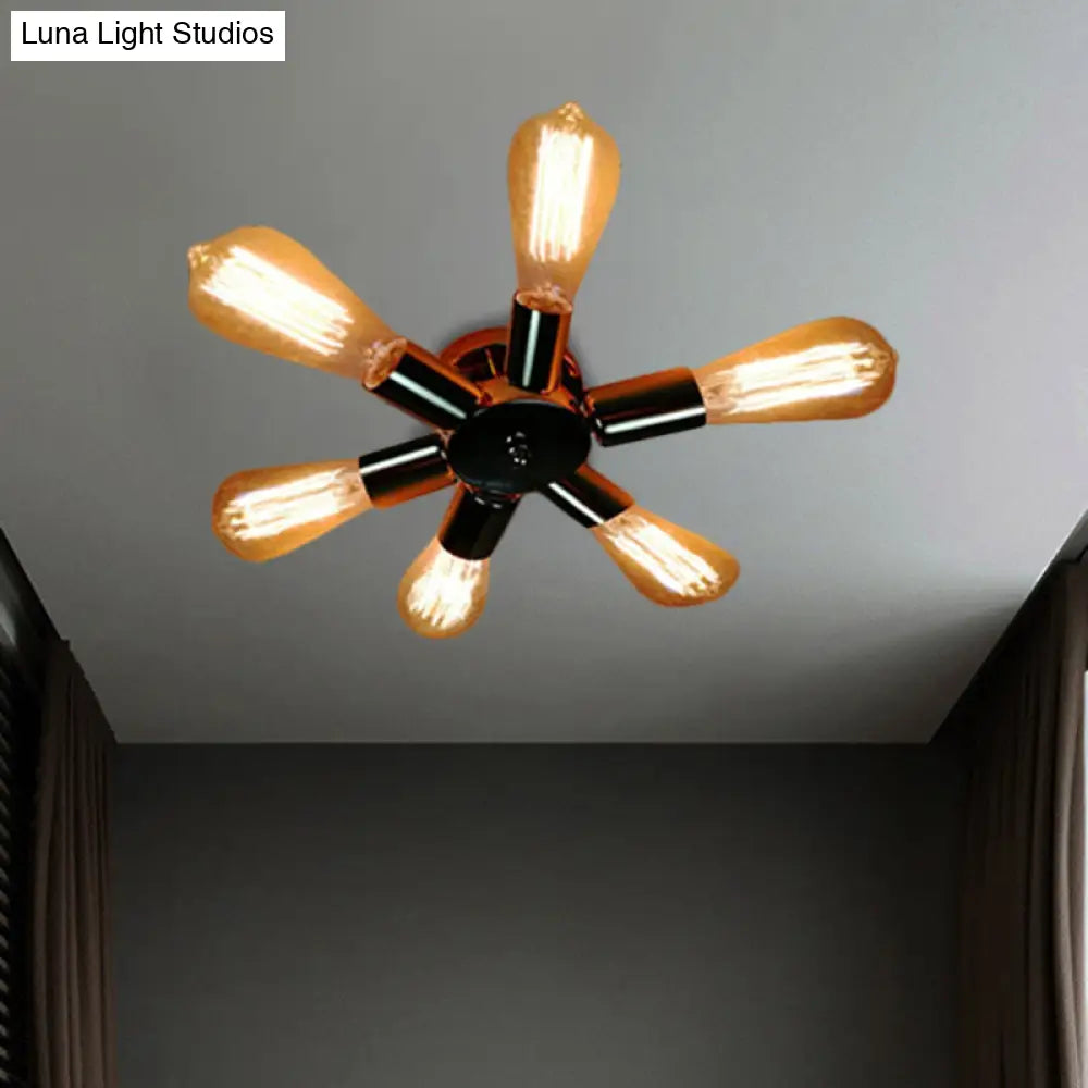 Vintage Inspired Exposed Bulb Semi Flush Pendant Light - 3/6 Lights Metal Ceiling Fixture In Brass