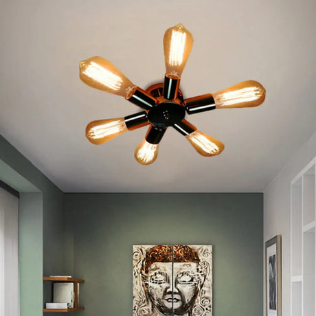 Vintage Inspired Exposed Bulb Semi Flush Pendant Light - 3/6 Lights Metal Ceiling Fixture In Brass