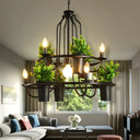 Vintage Iron 7-Light Candelabra Chandelier Pendant With Faux Potted Plant For Restaurants Black