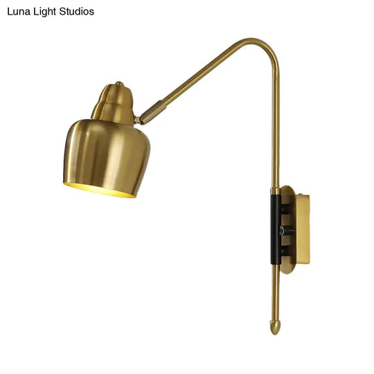 Vintage Iron Bowled Wall Lamp - 1-Light Bedroom Sconce In White/Gold With Curved Arm