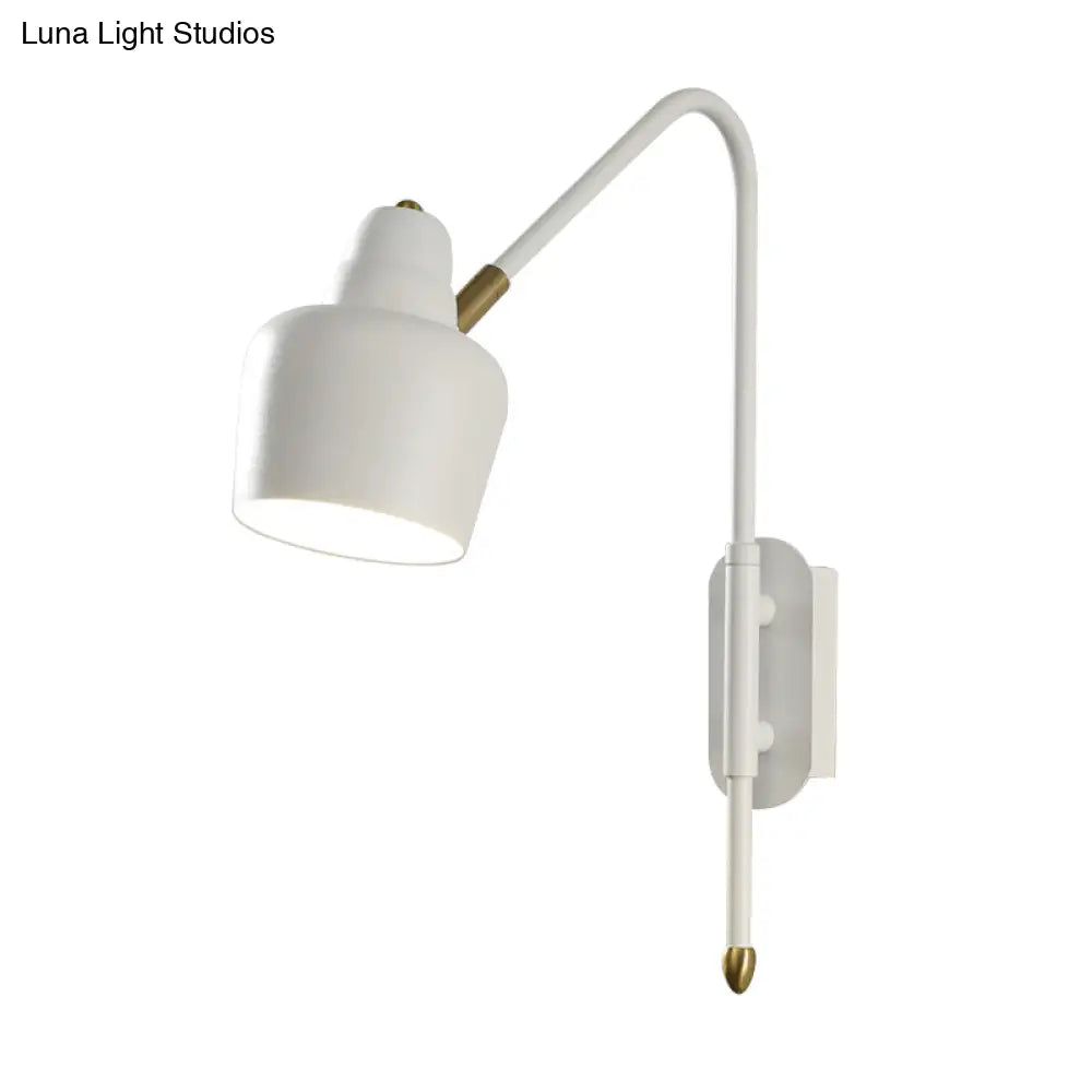 Vintage Iron Bowled Wall Lamp - 1-Light Bedroom Sconce In White/Gold With Curved Arm