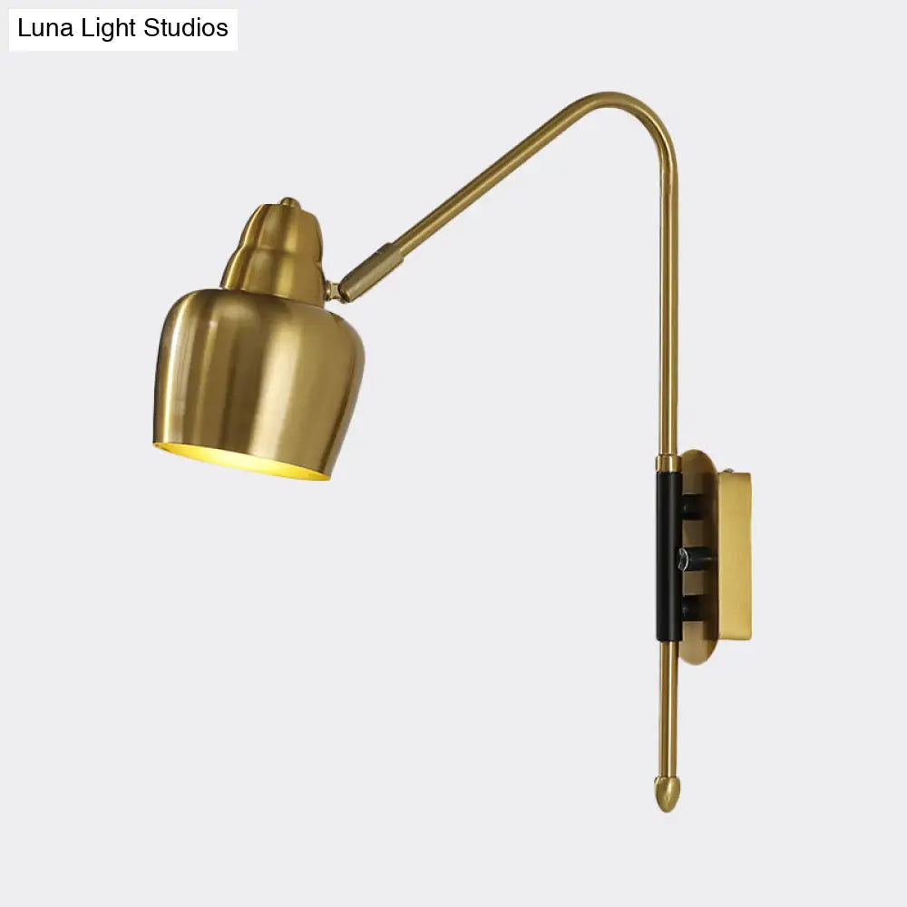 Vintage Iron Bowled Wall Lamp - 1-Light Bedroom Sconce In White/Gold With Curved Arm