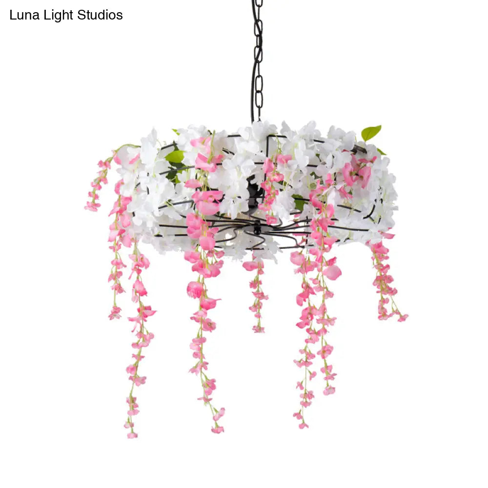 Vintage Iron Cage Chandelier With Cherry Blossom - Black 3/5-Light For Restaurants