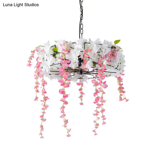 Vintage Iron Cage Chandelier With Cherry Blossom - Black 3/5-Light For Restaurants