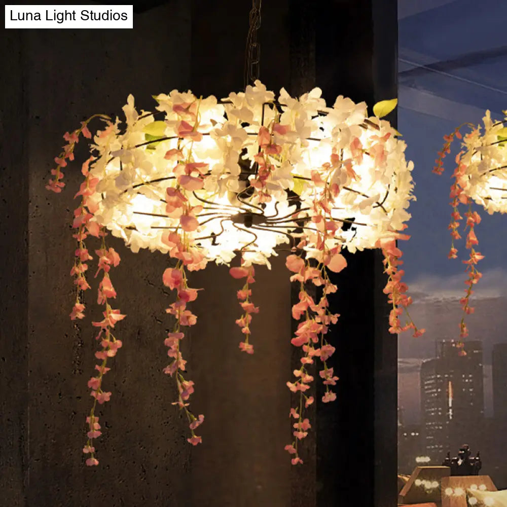 Vintage Iron Cage Chandelier With Cherry Blossom - Black 3/5-Light For Restaurants