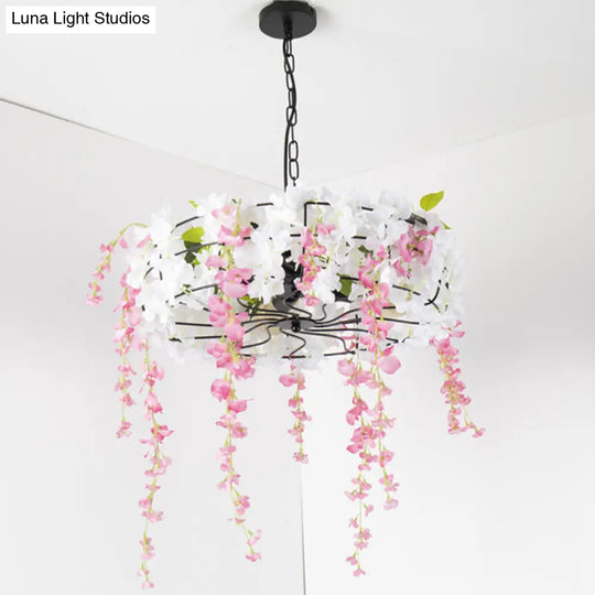 Vintage Iron Cage Chandelier With Cherry Blossom - Restaurant Suspension Lamp (3/5-Light Black)