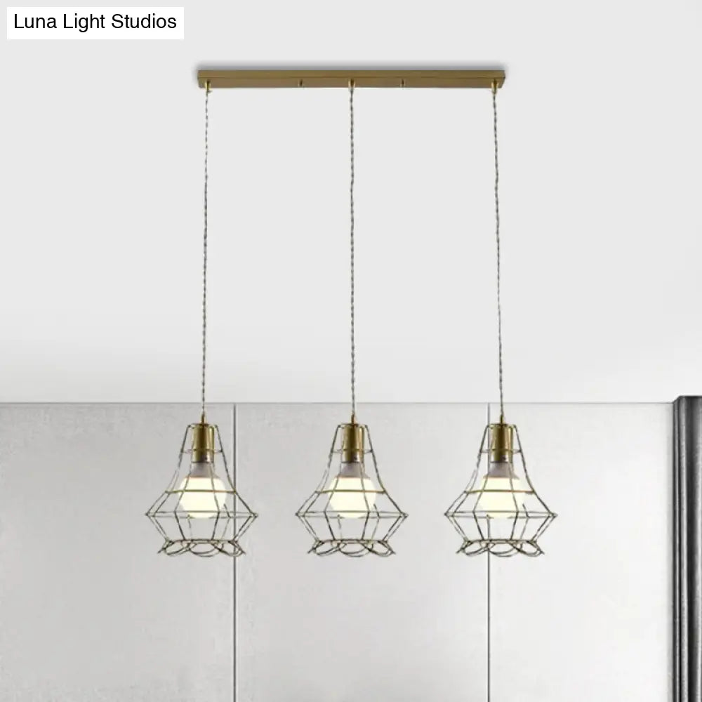 Vintage Iron Caged Pendant Lamp With Petal Shade - Golden 3 Lights Hanging Fixture