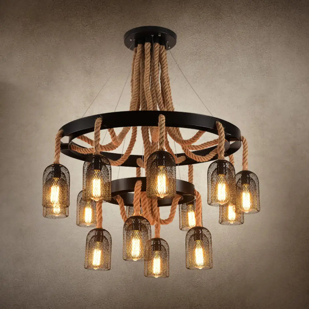Vintage Iron Chandelier Pendant Light With Rope Detail For Restaurants - Black 12 /