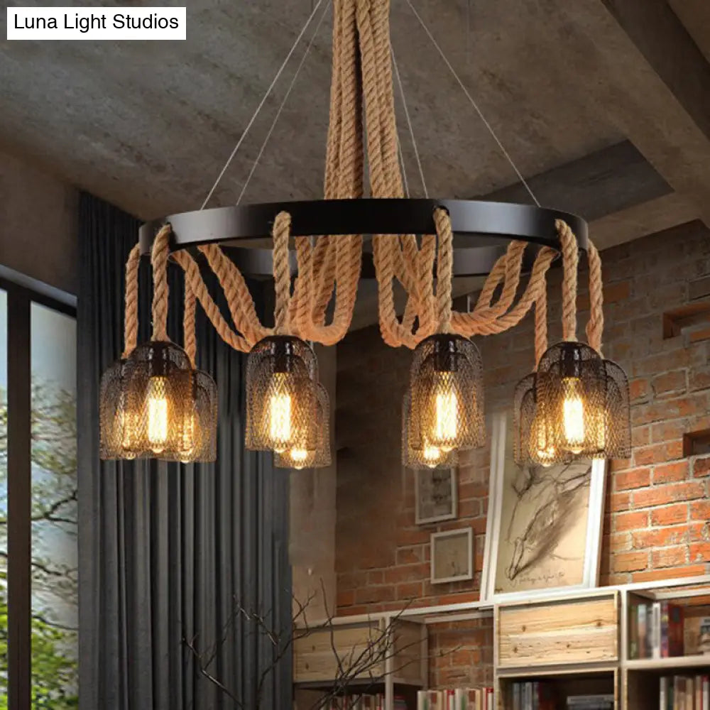 Cylinder Iron Chandelier Light: Vintage Pendant Fixture With Dangling Rope Black Color For