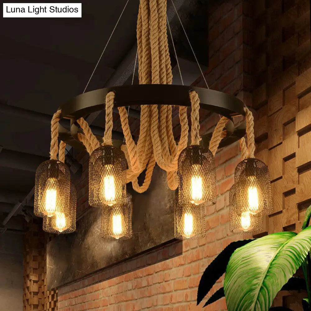 Cylinder Iron Chandelier Light: Vintage Pendant Fixture With Dangling Rope Black Color For