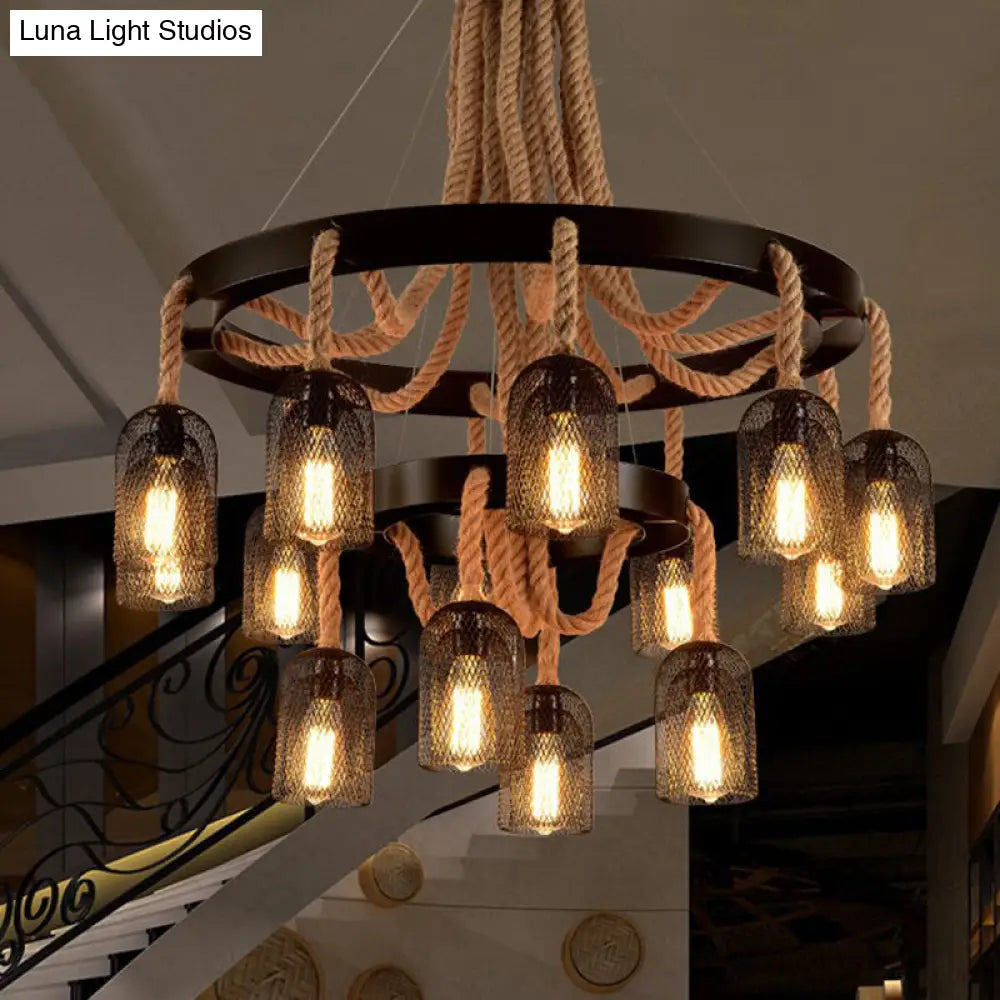 Cylinder Iron Chandelier Light: Vintage Pendant Fixture With Dangling Rope Black Color For